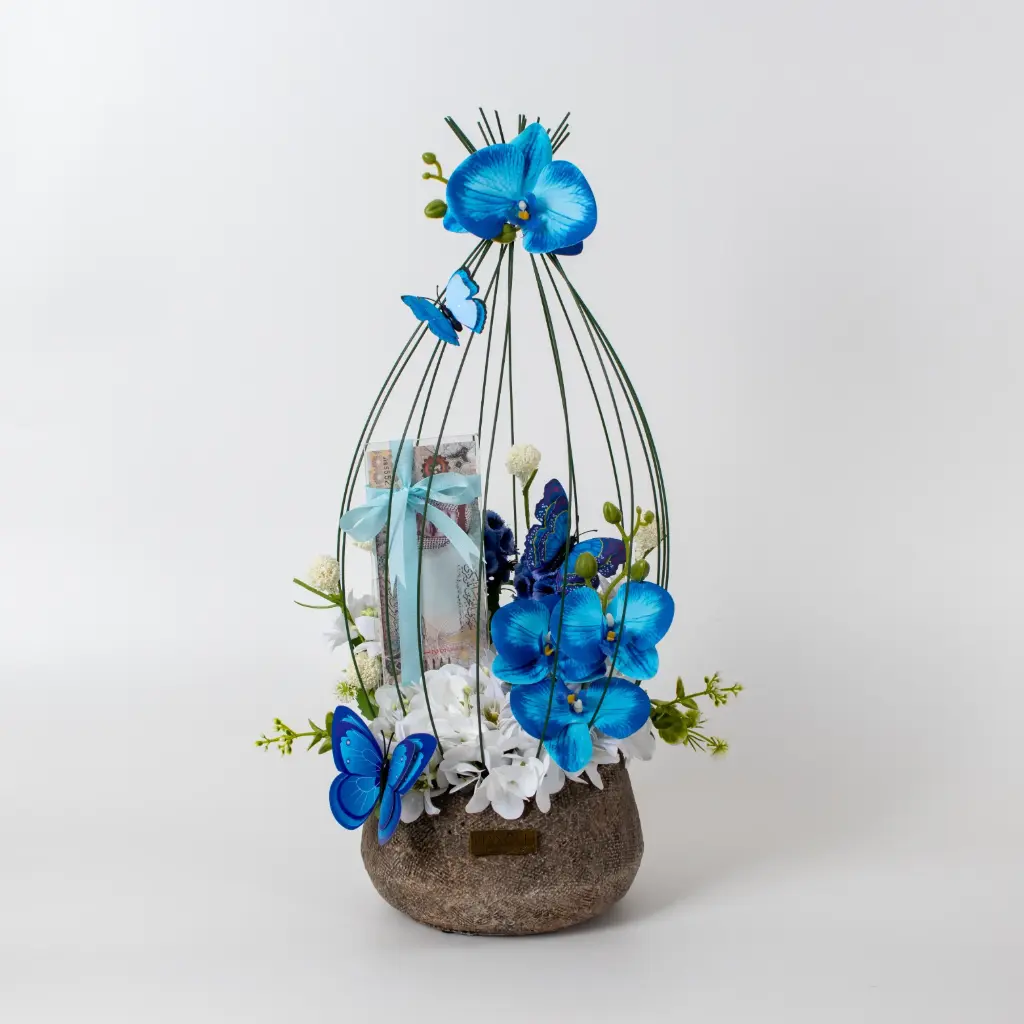 Blue Orchid Money Arrangement